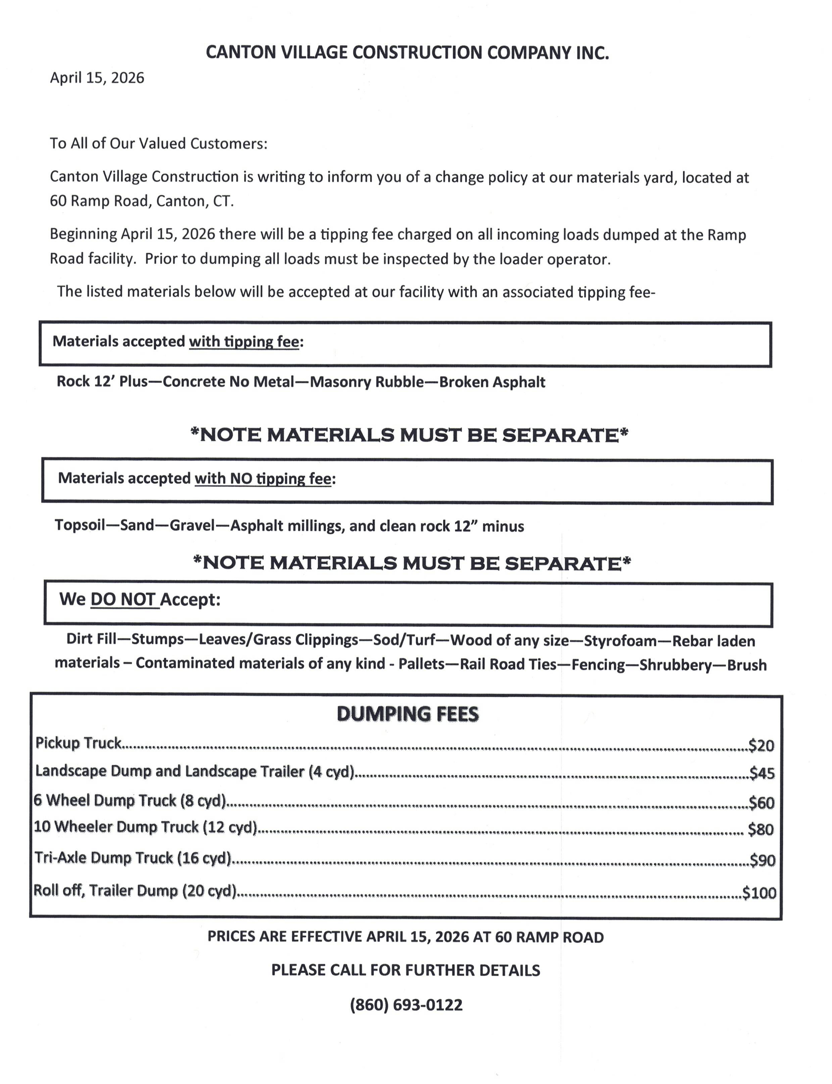 Tipping Fee Schedule